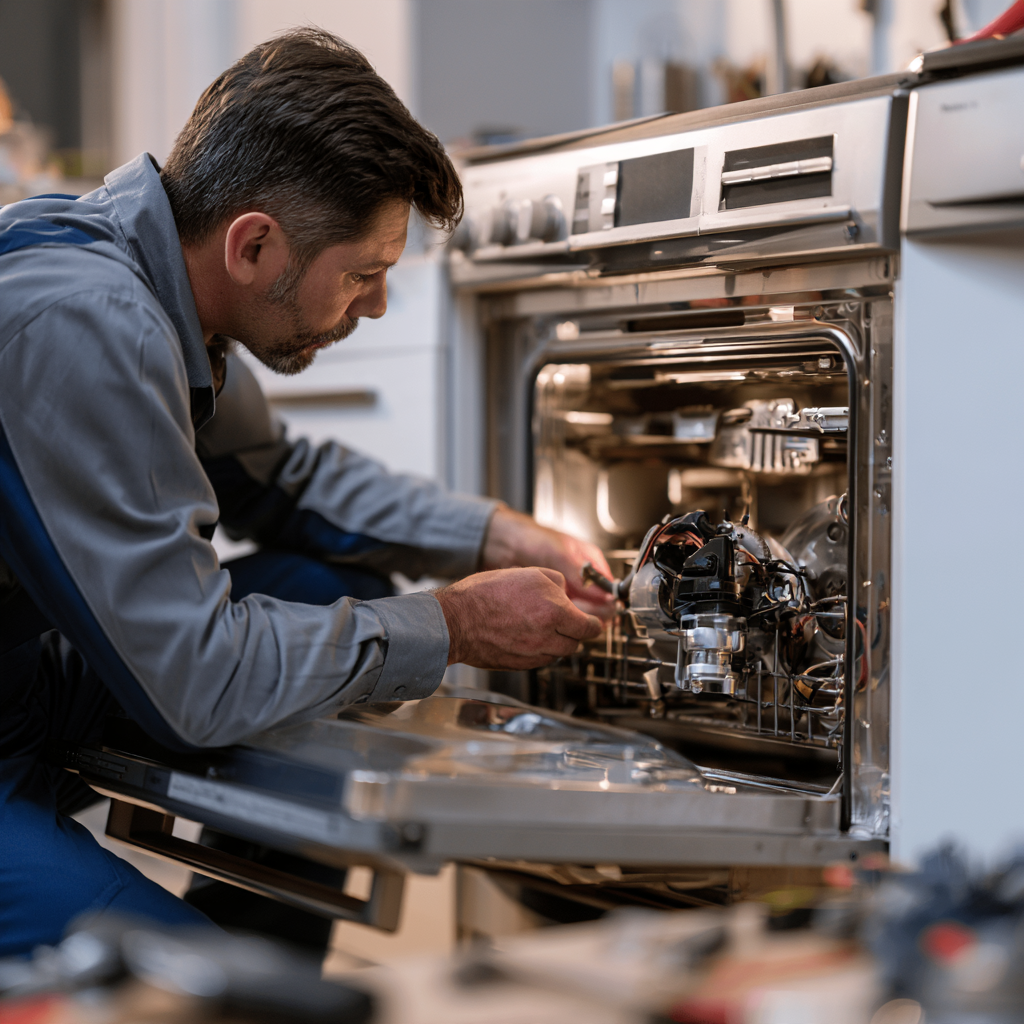 Technician repairing components inside a dishwasher