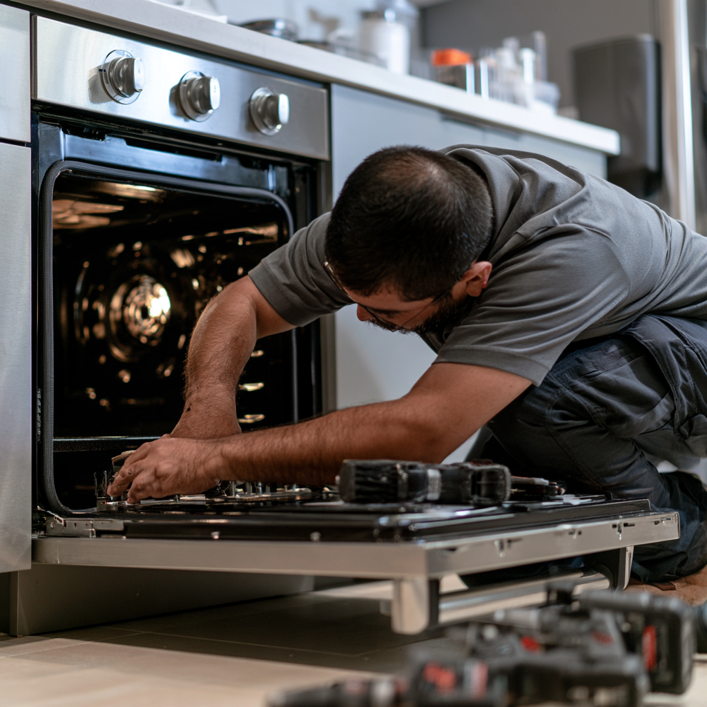 Technician repairing an open household oven