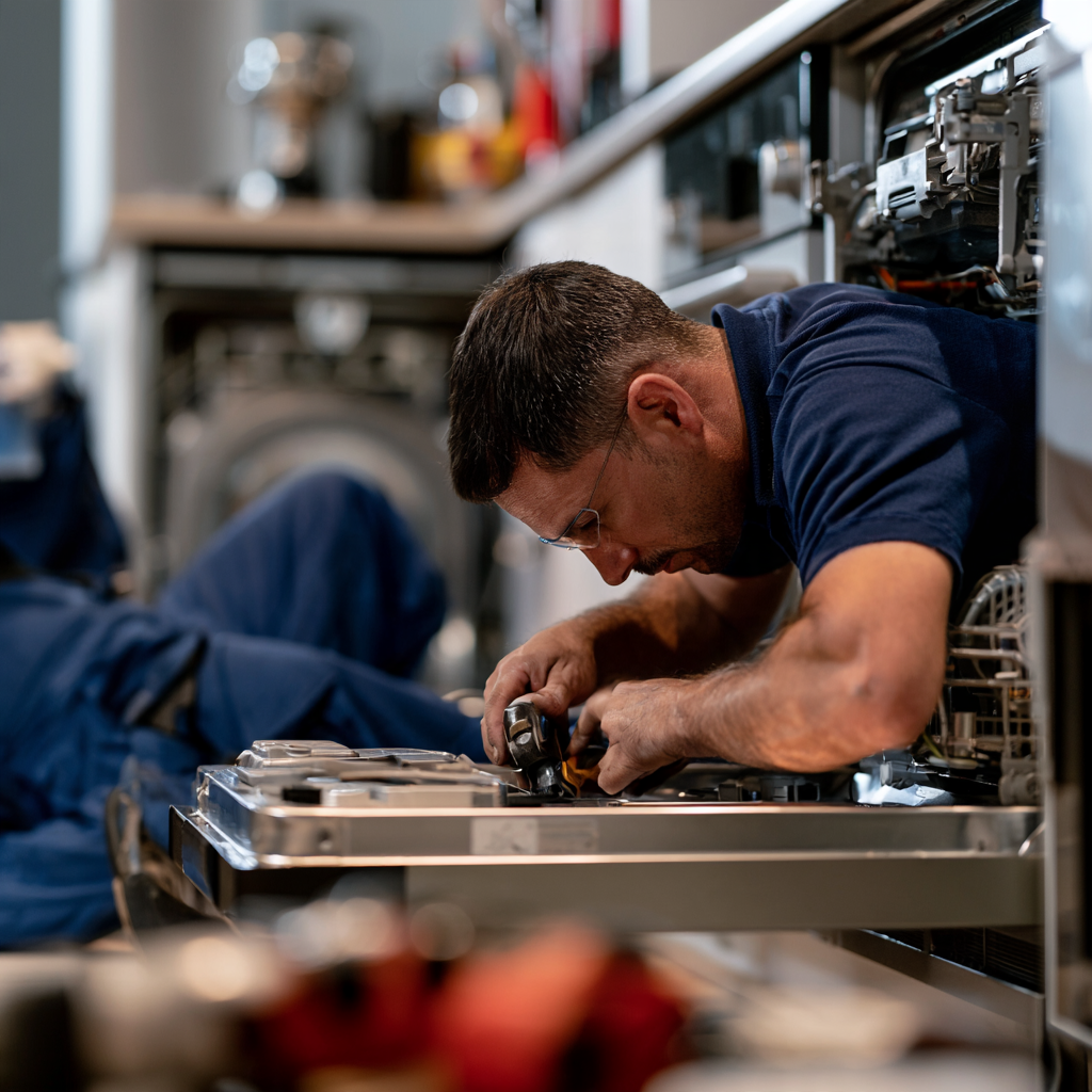 Technician using tools to service an open dishwasher
